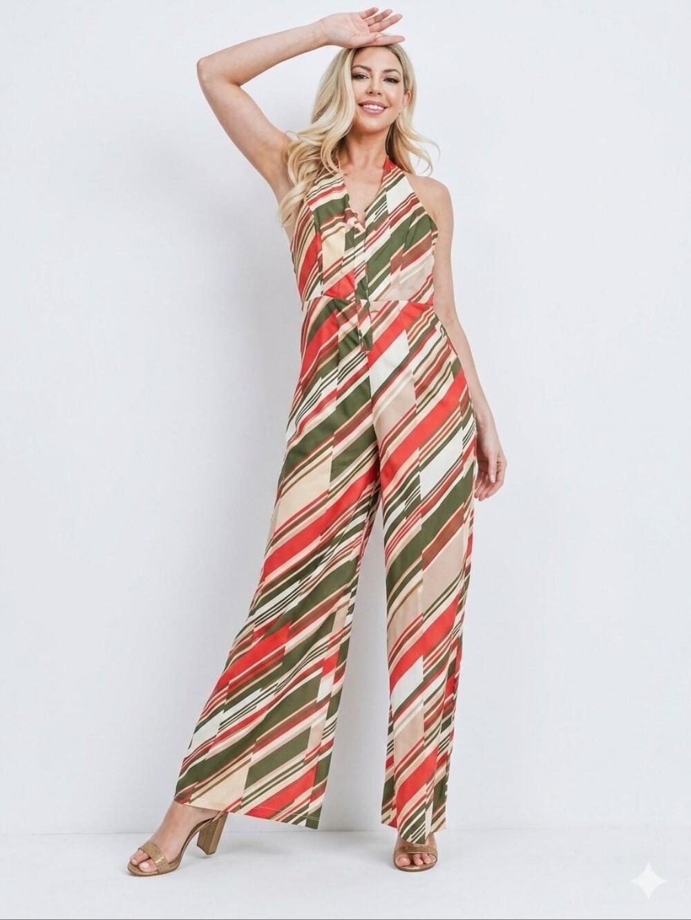 PEACH LOVE CALIFORNIA Striped Halter Palazzo Pants Jumpsuit in Olive & Rust - Picture 3 of 11
